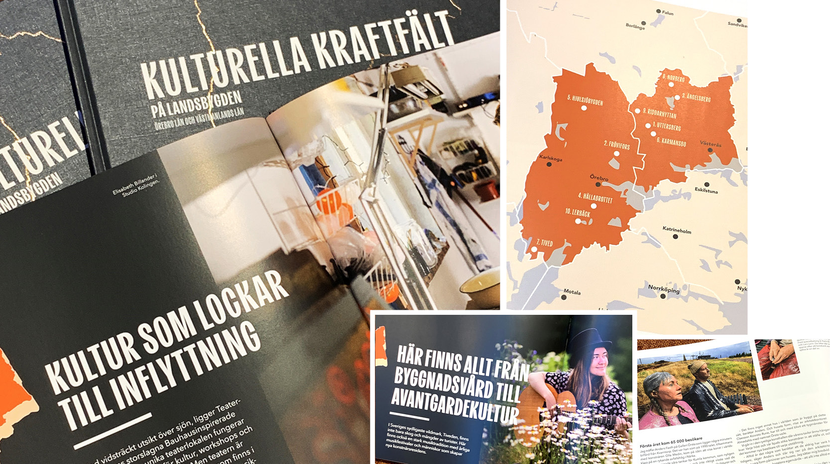 Uppslag ur boken Kulturella kraftfält på landsbygden — omslag, kartor över Västmanland och Örebro län samt reportagesidor.