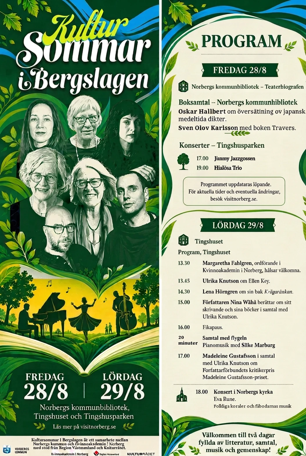 Affisch för Kultursommar i Bergslagen 2026 med programmets medverkande artister och datum 28–29 augusti i Norberg.