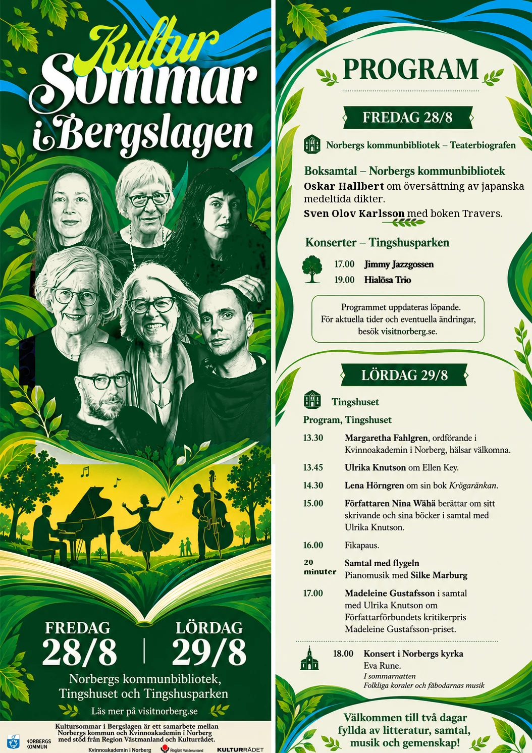 Affisch för Kultursommar i Bergslagen 2026 med programmets medverkande artister och datum 28–29 augusti i Norberg.
